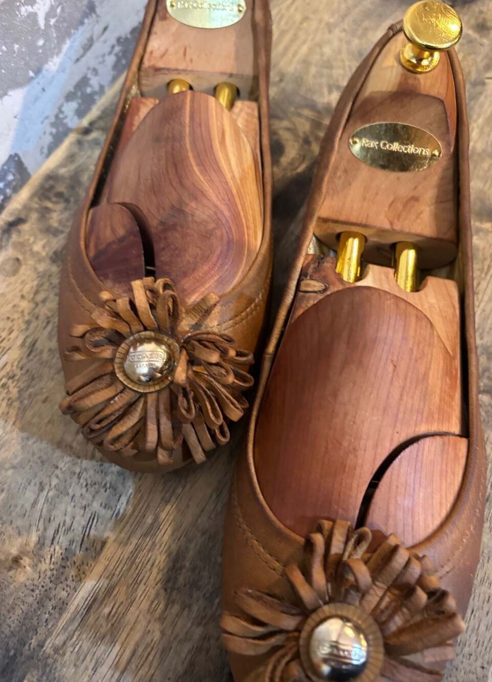 Coach Tan Leather Flower Fringe Ballet Flats